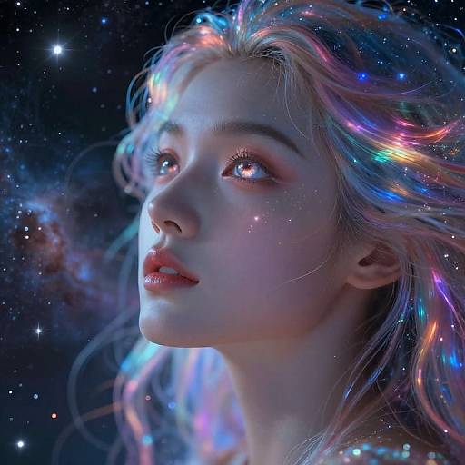 Digital artwork of a ethereal woman with glowing, rainbow-colored hair, starry background, and luminous eyes, looking upward in awe.