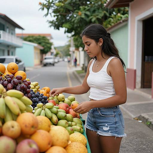 Photograph of a young woman with long dark hair, wearing a white tank top and denim shorts, selecting fruit from a colorful street market stall on a