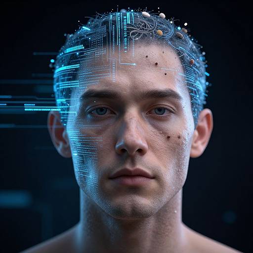Digital portrait of a young man with blue glowing circuitry on his forehead, set against a dark background, showcasing futuristic technology integration.