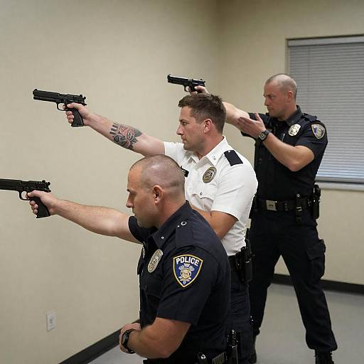 Three Police Officers Training with Handguns Indoors