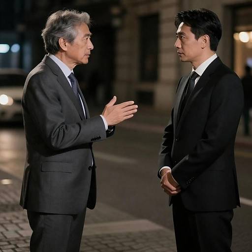 Photograph of two Asian men in black suits and ties standing on a cobblestone street at night, facing each other, with one gesturing and