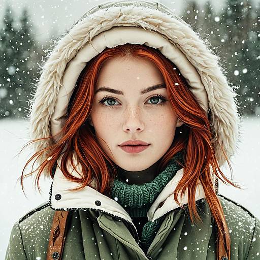 Red-haired woman in winter coat with fur hood in snow