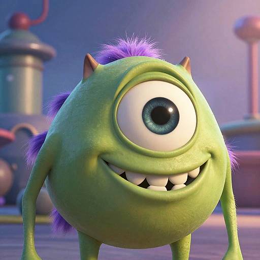 CGI image of a green, round, one-eyed monster with purple spiky hair, small horns, and a wide, toothy grin, standing