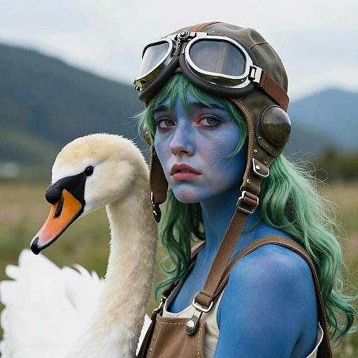 Photograph of a blue-skinned woman with green hair, wearing aviator goggles and leather headgear, standing beside a white swan with an orange