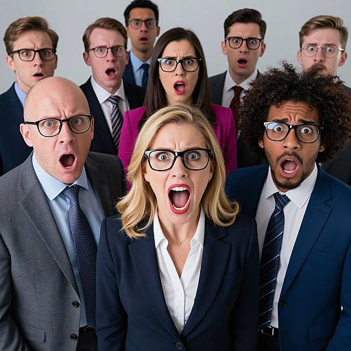 Photograph of eight shocked, glasses-wearing business professionals in suits, with a blonde woman and a curly-haired man in the foreground, all mouths ag