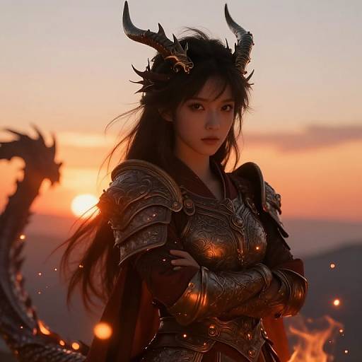 Digital artwork of an Asian woman with black horns, wearing ornate, dark armor, standing at sunset with a dragon silhouette and flames in the background.