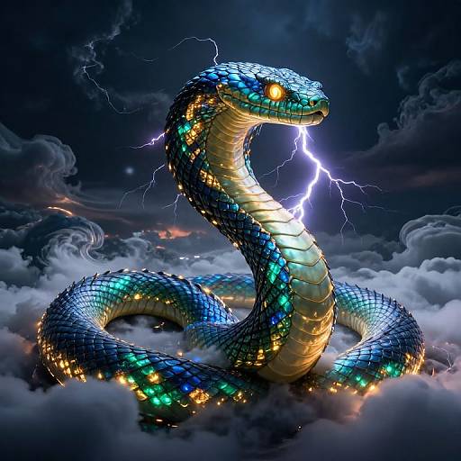 Digital artwork of a glowing, electric-blue, diamond-patterned snake with yellow eyes, illuminated by lightning, coiled amidst dark, stormy clouds.