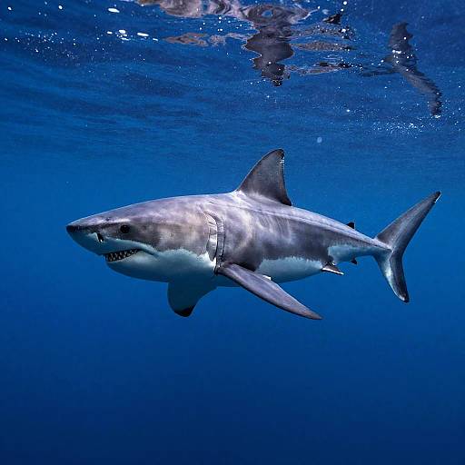 Photograph of a solitary, sleek grey shark with a metallic tag swimming in deep blue ocean water, visible reflections on the water surface above.