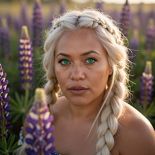 Photograph of a blonde woman with green eyes, braided hair, and fair skin, standing in a field of purple lupines, sunlight illuminating