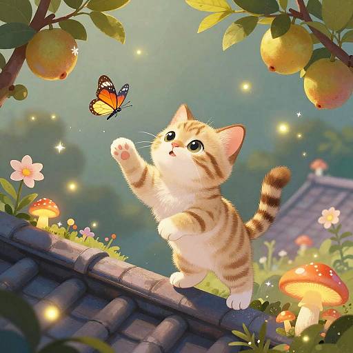 Adorable, chubby, orange-and-white kitten with striped tail reaches up to a vibrant orange butterfly, surrounded by glowing mushrooms and fruit trees. Whims