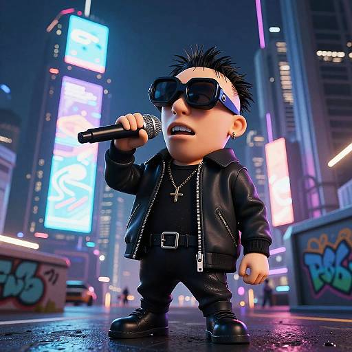 Futuristic Midget Rapper in Cityscape