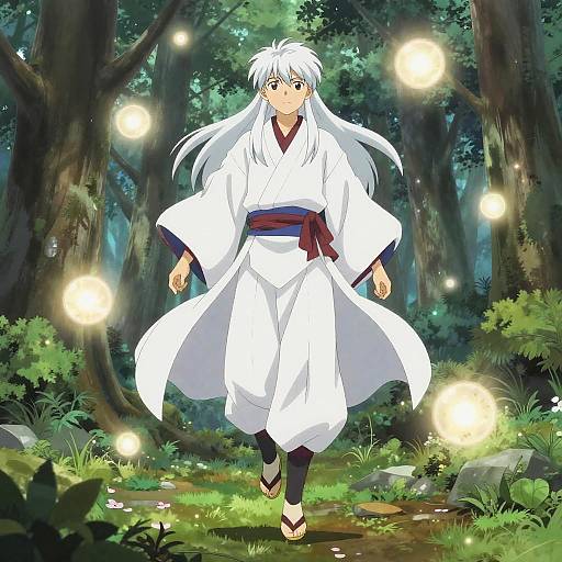 Anime-style digital illustration of a white-haired character in a white kimono with a red belt, walking through a forest illuminated by glowing fireflies.