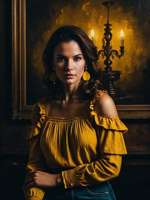 Woman in Mustard Yellow Cold-Shoulder Blouse