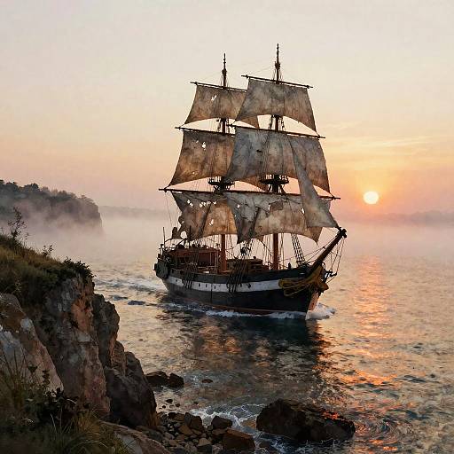Weathered Tall Ship at Fog Cliffside Sunset