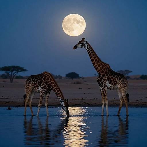 Photograph of two giraffes, one drinking from a reflective waterhole under a bright full moon in a blue twilight savanna.