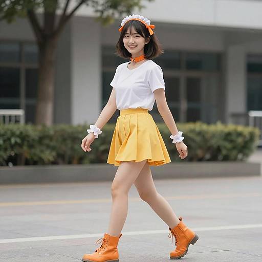 Photograph of an Asian woman in a white t-shirt, yellow skirt, orange boots, and orange accessories, walking outdoors on a street.