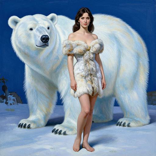 Digital artwork of a dark-haired woman in a fur off-shoulder dress standing barefoot beside a large white polar bear on a snowy blue background.