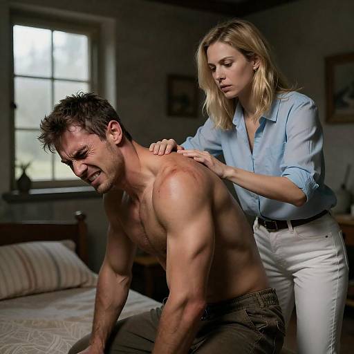 Blonde Woman Treating Injured Shirtless Man