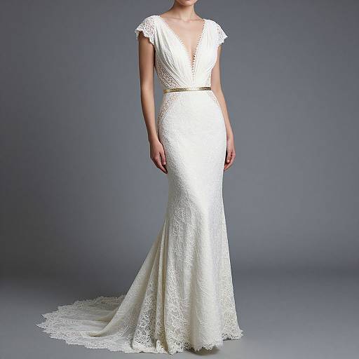 Photograph of a woman in a white, lace, deep V-neck, short-sleeve, form-fitting wedding gown with a lace train and