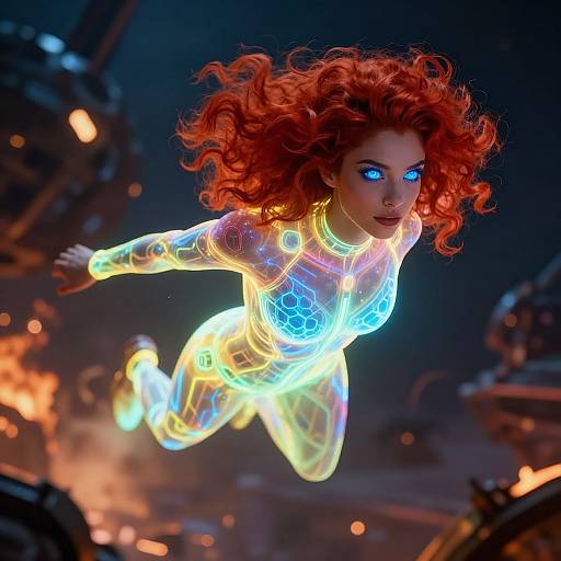 Digital art of a glowing red-haired woman with blue eyes, wearing a neon-patterned bodysuit, flying above a burning, ruined cityscape.