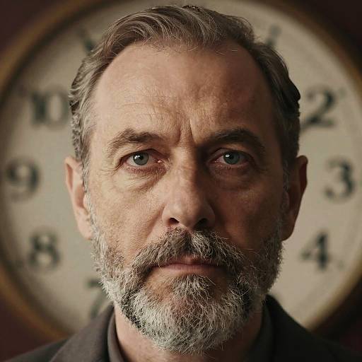 Photograph of a middle-aged man with gray beard, blue eyes, and short gray hair, centered against a blurred clock background.