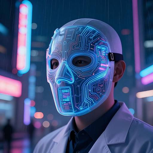 Neon-lit cyber mask with blue circuitry on a man in a white lab coat in a rainy, futuristic cityscape. Photorealistic CGI