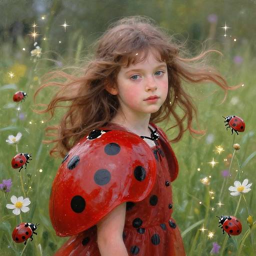 Photograph of a young girl with wavy brown hair, wearing a red polka dot dress, standing in a vibrant meadow with sparkling butterflies and