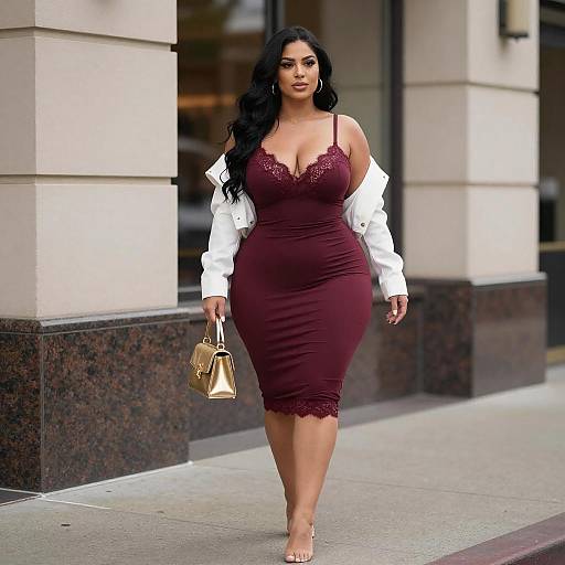 Curvy Woman in Maroon Lace Dress