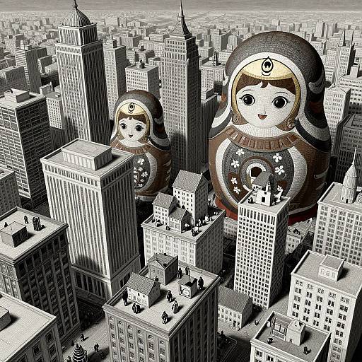 Digital drawing of two giant, cartoonish female figures with traditional attire and facial markings, towering over a black-and-white cityscape.