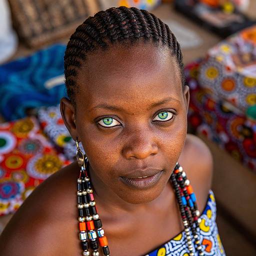 Photograph of a dark-skinned African woman with green eyes, braided hair, wearing colorful beaded necklace and patterned dress, with vibrant,