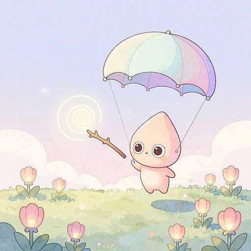 Whimsical Alien Parachute Above Lantern-Flower Meadow