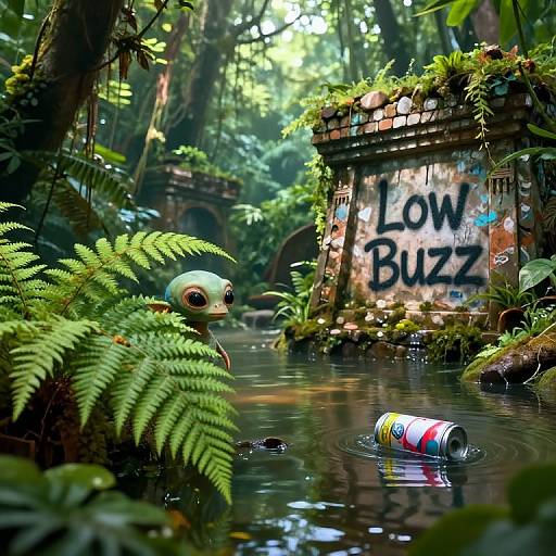 Photorealistic digital art of a lush jungle scene with a green-eyed creature peering from ferns, a 