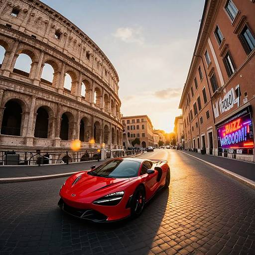 Photograph of a sleek red sports car parked in front of the Roman Colosseum at sunset, with a bustling street and illuminated storefronts in