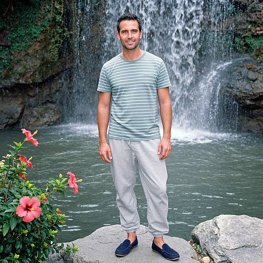 Photograph of a smiling man with short dark hair, wearing a green-striped shirt, white pants, and blue shoes, standing in front of a waterfall