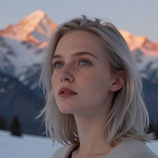 Photograph of a fair-skinned, blue-eyed blonde woman with freckles, wearing a white sweater, gazing upward at a sunset-lit