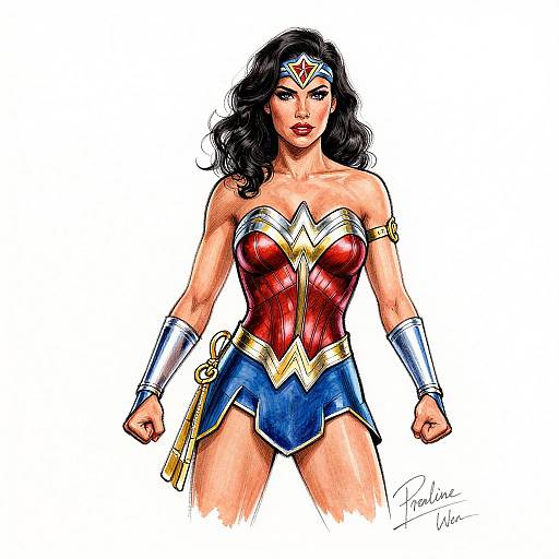 Colorful comic-style drawing of Wonder Woman with long black hair, red bustier, blue shorts, silver bracelets, and tiara, standing confidently.