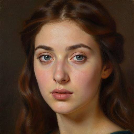 Photorealistic digital portrait of a young woman with fair skin, blue eyes, brown wavy hair, and pink lips, against a dark background.