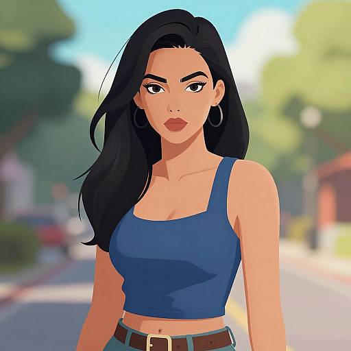 Digital illustration of a confident woman with long black hair, wearing a blue crop top and brown belt, standing on a sunlit street.