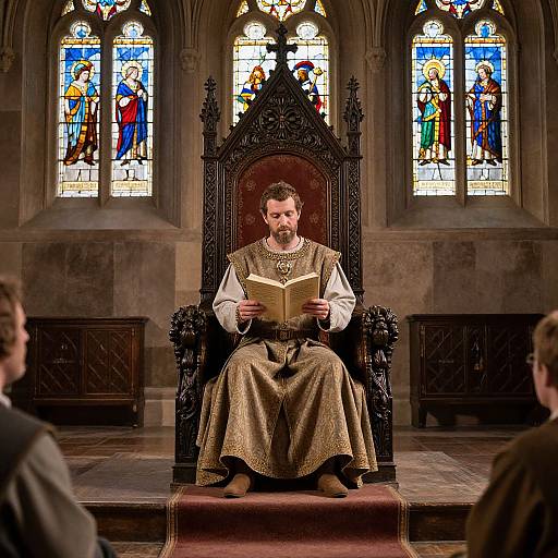 Photograph of a bearded priest in medieval robes reading a book on an ornate throne in a stained glass-lit church.