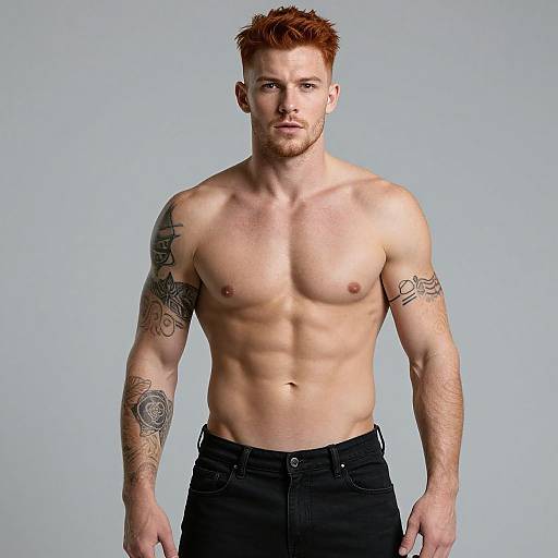 Photograph of a muscular, shirtless red-haired man with tattoos on both arms, wearing black pants, standing against a plain gray background.