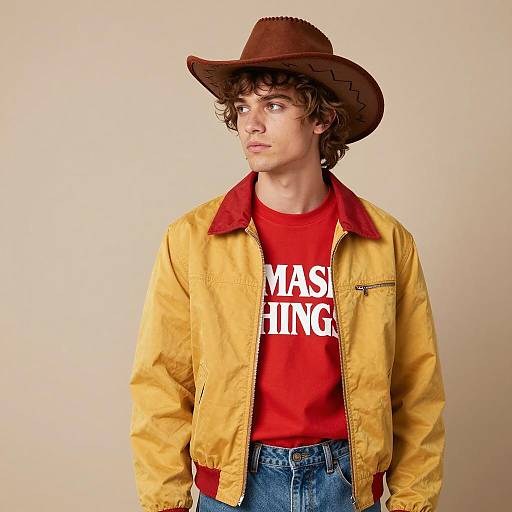 Young Man in Cowboy Hat and Retro Jacket