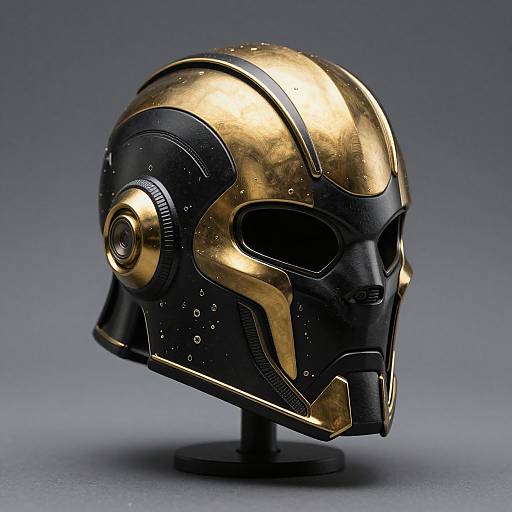 Photograph of a detailed, gold and black sci-fi helmet with metallic textures, round earpiece, and black ventilation patterns, displayed on a black stand