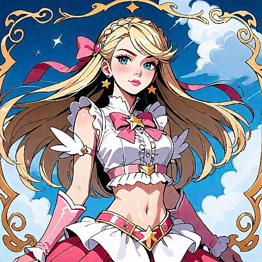 Digital anime-style illustration of a blonde, blue-eyed girl with long hair, wearing a pink and white magical girl outfit, set against a blue sky with