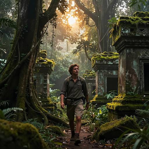Photograph-like CGI of a curly-haired man in gray shirt and khaki shorts walking through a misty, sunlit jungle ruin with moss-covered stone