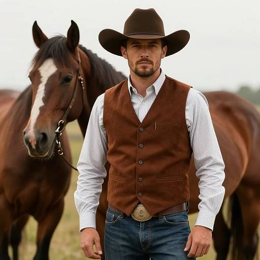 Photograph of a rugged, bearded man in brown vest, white shirt, cowboy hat, and blue jeans, standing in front of two brown horses