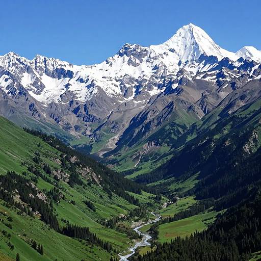 Photograph of a vibrant mountain landscape with a snow-capped peak, green valleys, dark pine forests, and a winding river under a clear blue sky