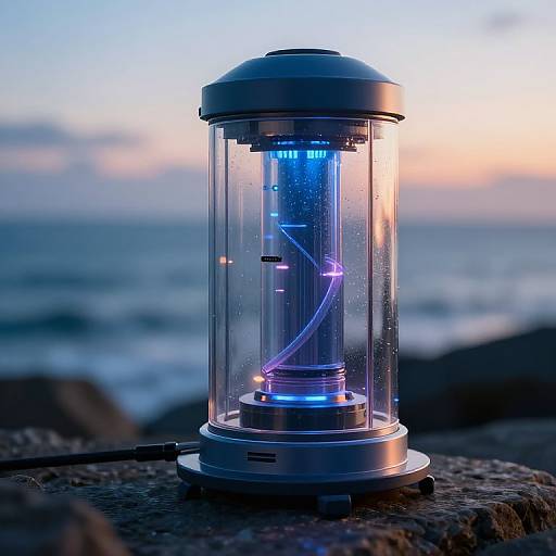 Photograph of a futuristic, cylindrical, glass-encased blue neon light sculpture on a rocky beach at sunset, with a serene ocean and pinkish