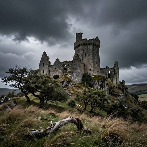 Photograph of a moody, stormy sky over a ruins of a medieval stone castle, surrounded by dark, twisted trees and grassy hillside