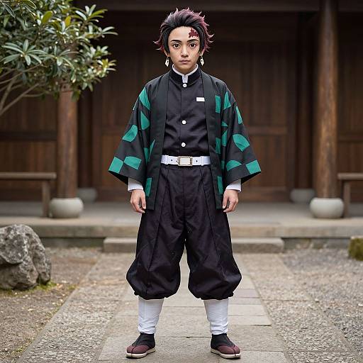 Digital anime-style drawing of a young boy with dark hair, wearing a black and green checkered jacket, black pants, white belt, and white socks