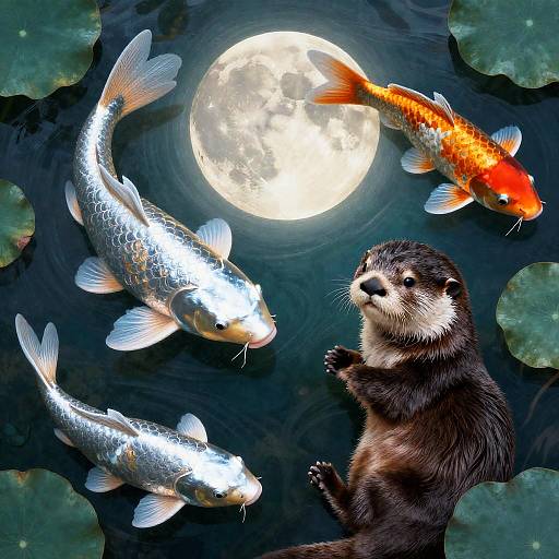 Moonlit Koi and Curious Otter